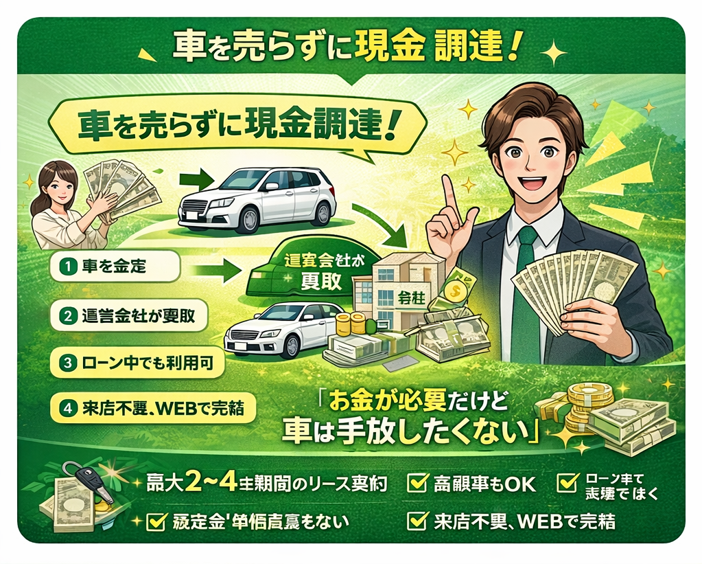「車を売らずに現金調達!」というキャッチコピーと、「お金が必要だけど車は手放したくない」というメッセージが書かれたグリーン基調のバナー。イラストで4つのステップ(①車を査定、②運営会社が買取、③ローン中でも利用可、④来店不要、WEBで完結)を解説。右側には現金を手に笑顔を見せる男性のイラスト。下部には、最大2〜4年期間のリース契約、高額車もOK、来店不要、WEBで完結などのメリットがチェックボックス形式で記載されている。