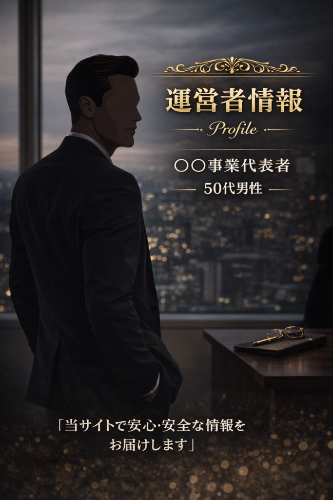 「当サイトで安心・安全な情報をお届けします」というメッセージが入った、50代男性運営者のプロフィール画像