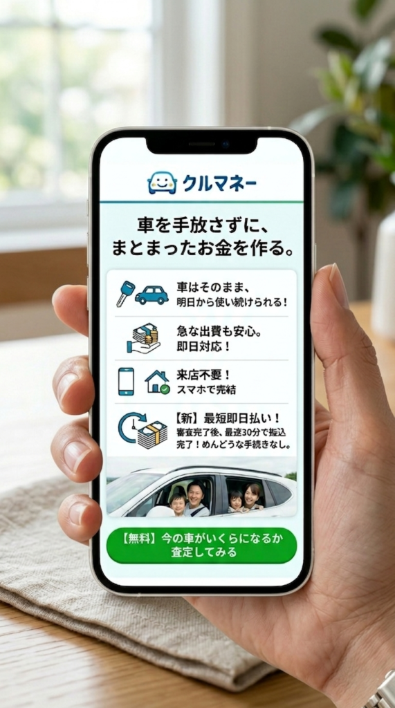 「車を手放さずに、まとまったお金を作る。」
特徴: 「車はそのまま、明日から使い続けられる!」「急な出費も安心。即日対応!」「来店不要!スマホで完結」