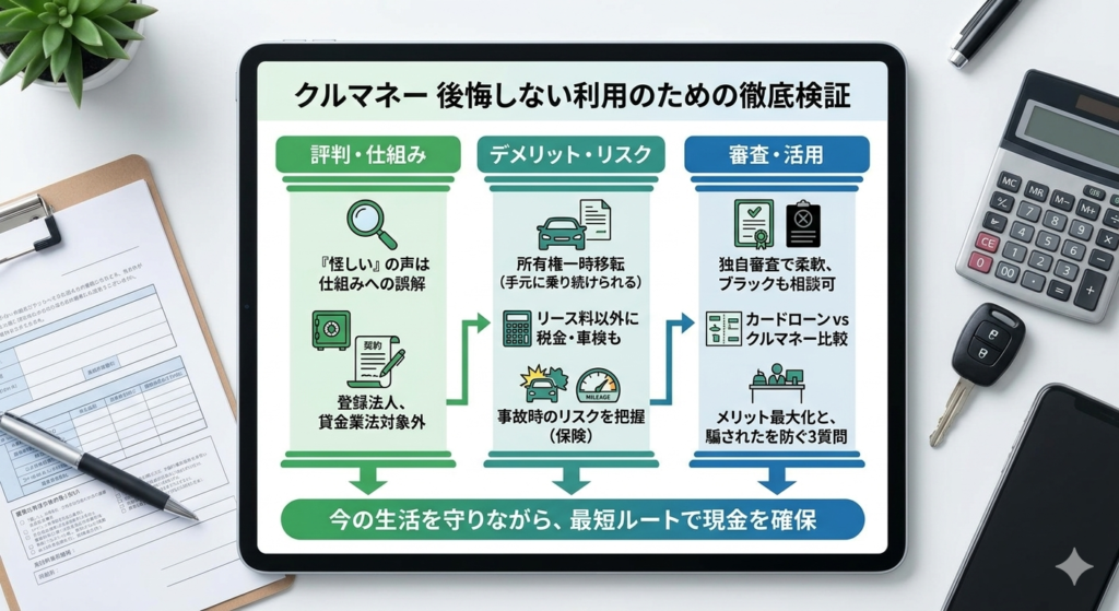 クルマネーの評判やデメリットを徹底検証したインフォグラフィック。所有権移転のリスク、審査の柔軟性、カードローンとの比較など、後悔しないためのポイントを図解したタブレット端末のイメージ。