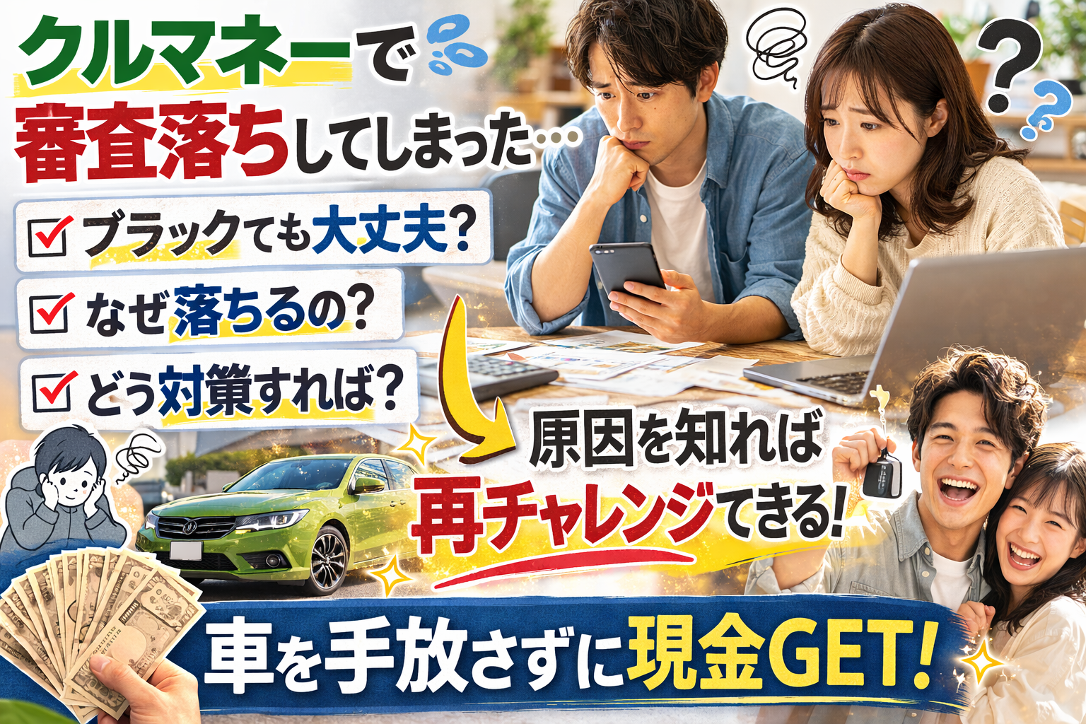 クルマネーの審査落ちの原因と対策を図解で解説したイメージ
