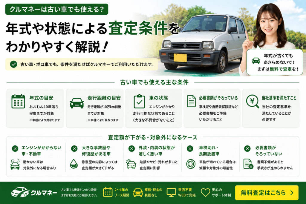クルマネーは古い車でも使えるのか年式や査定条件を解説