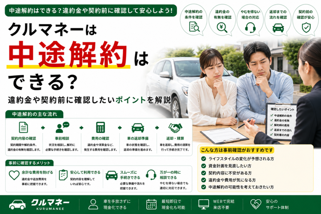 クルマネーの中途解約や違約金を確認するイメージ