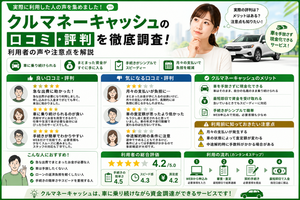 クルマネーキャッシュの口コミや評判、メリット・注意点を紹介したイメージ画像